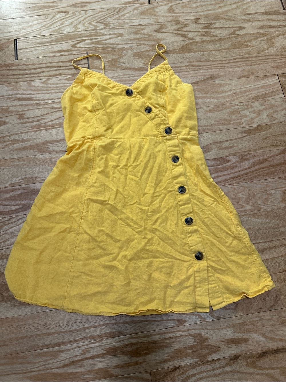 American Eagle Outfitters Yellow Button-Detail Spaghetti Strap Mini Dress